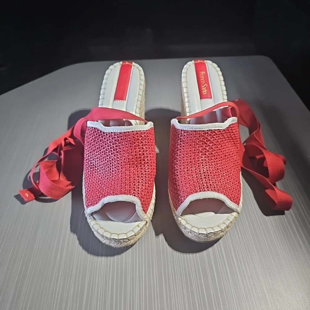 Red Woven Espadrille Wedge Sandals with Ankle Tie